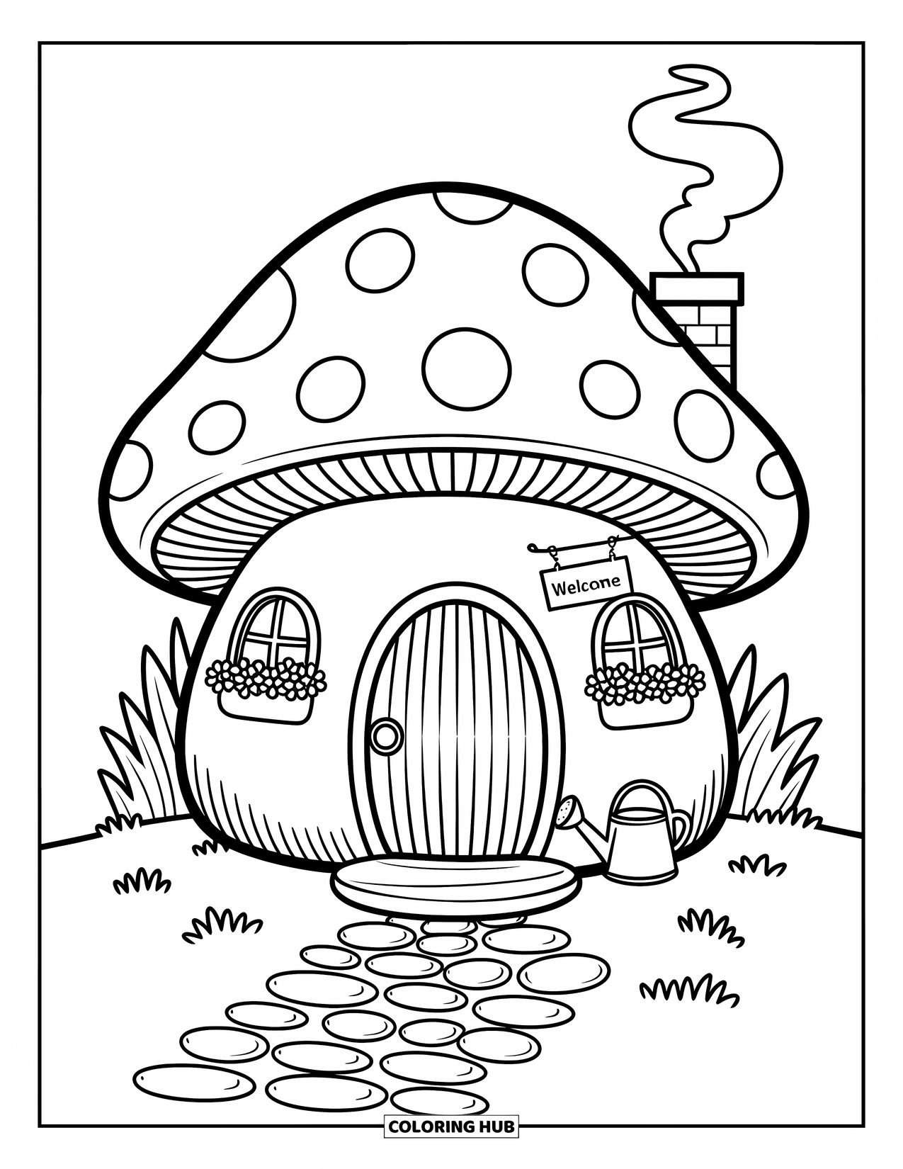 Mushroom Coloring Page for Adults: A mushroom house with a cobblestone path, flowers, and soft smoke