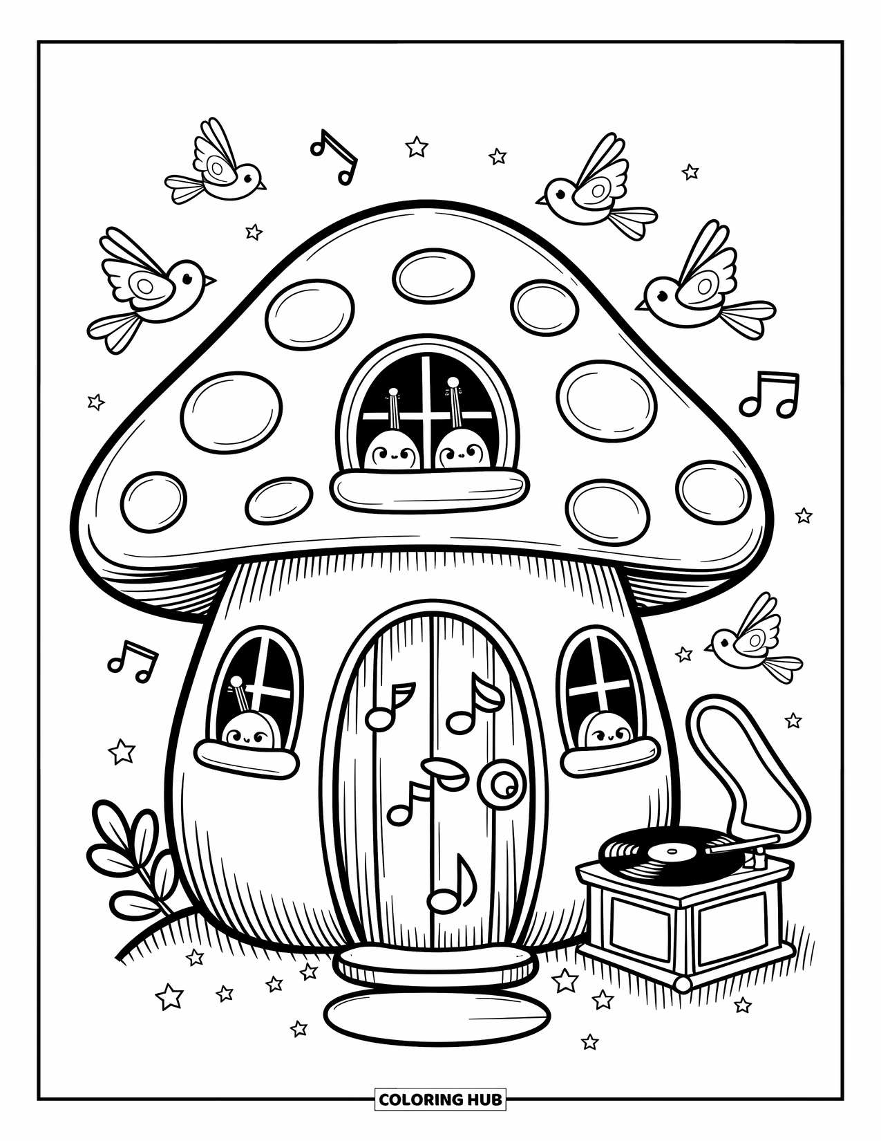 Mushroom Coloring Page for Adults: A mushroom house with a music-themed door and tiny instruments