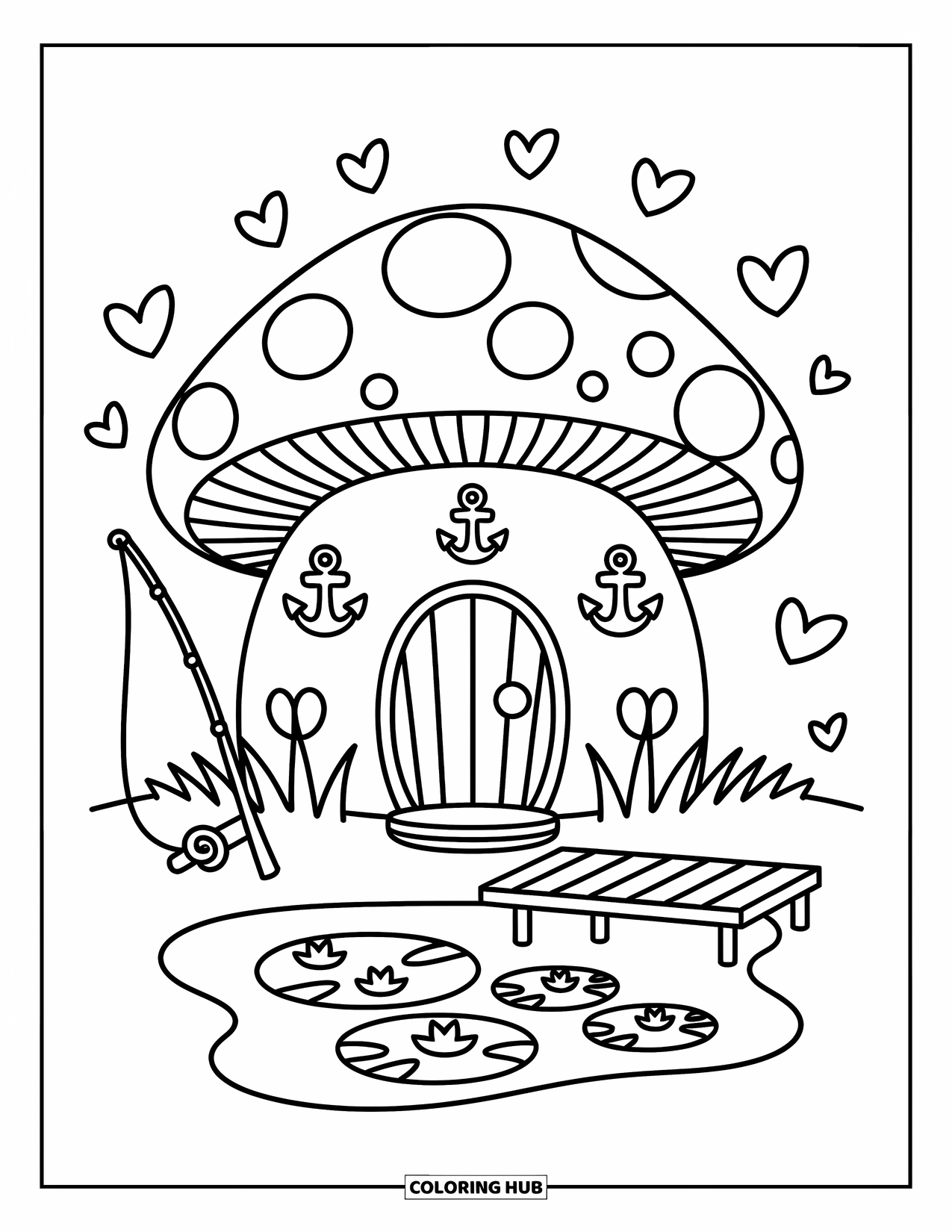 Mushroom Coloring Page for Adults: A mushroom house with a pond, lily pads, and tiny fish