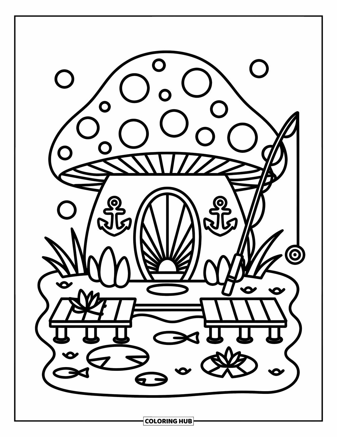 Mushroom Coloring Page for Adults: A mushroom house with a seashell door, anchor decorations, and a fishing rod