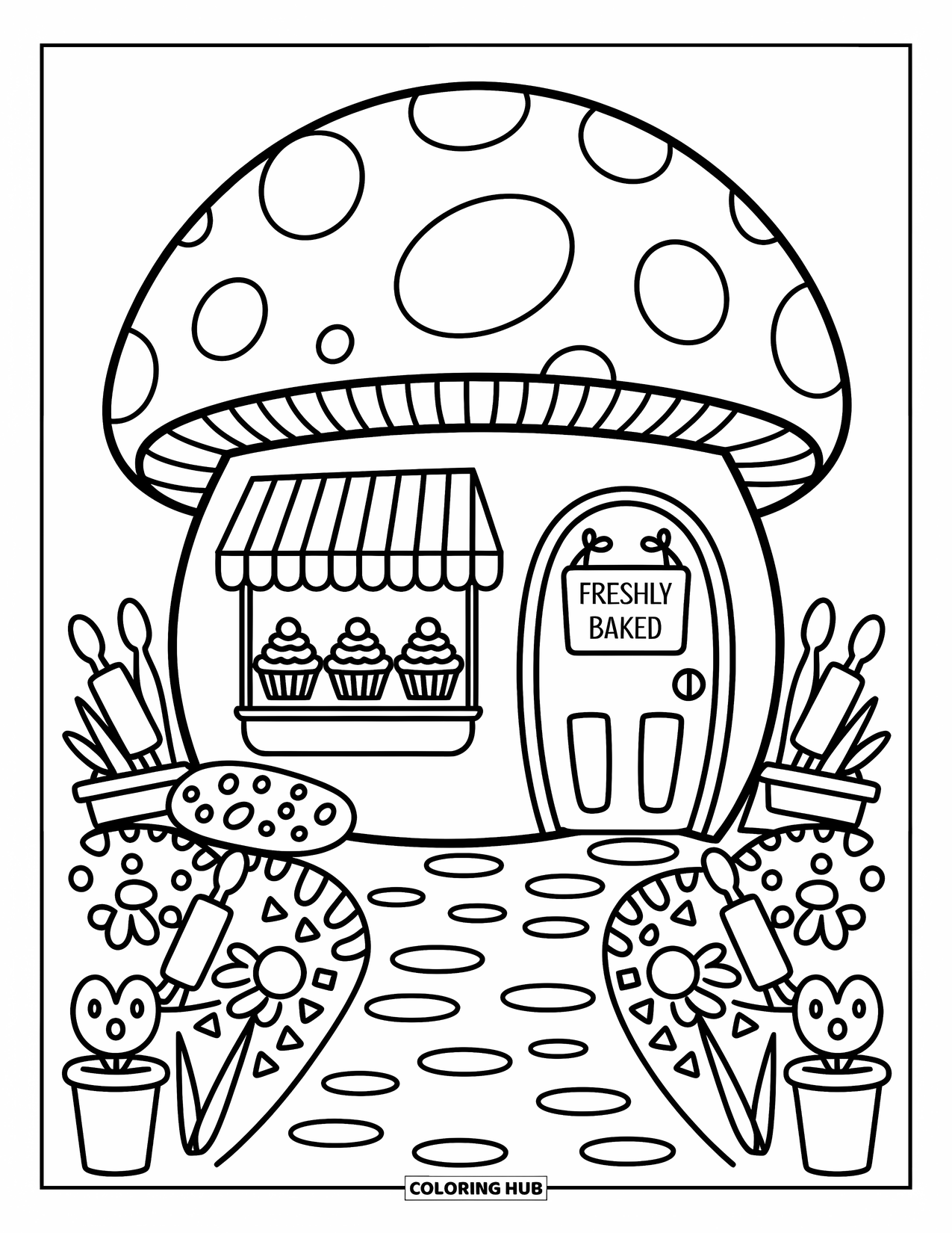 Mushroom Coloring Page for Adults: A mushroom house with a striped awning, cupcakes, and a "Freshly Baked" sign