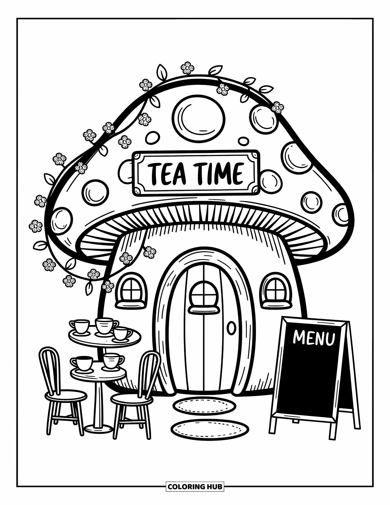 Mushroom Coloring Page for Adults: A mushroom house with a "Tea Time" sign, tables, and teacups