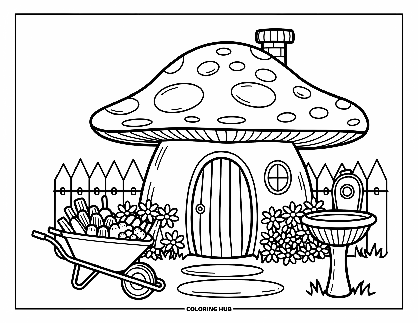 Mushroom Coloring Page for Adults: A mushroom house with a tiny fence, birdbath, and vegetables in a wheelbarrow