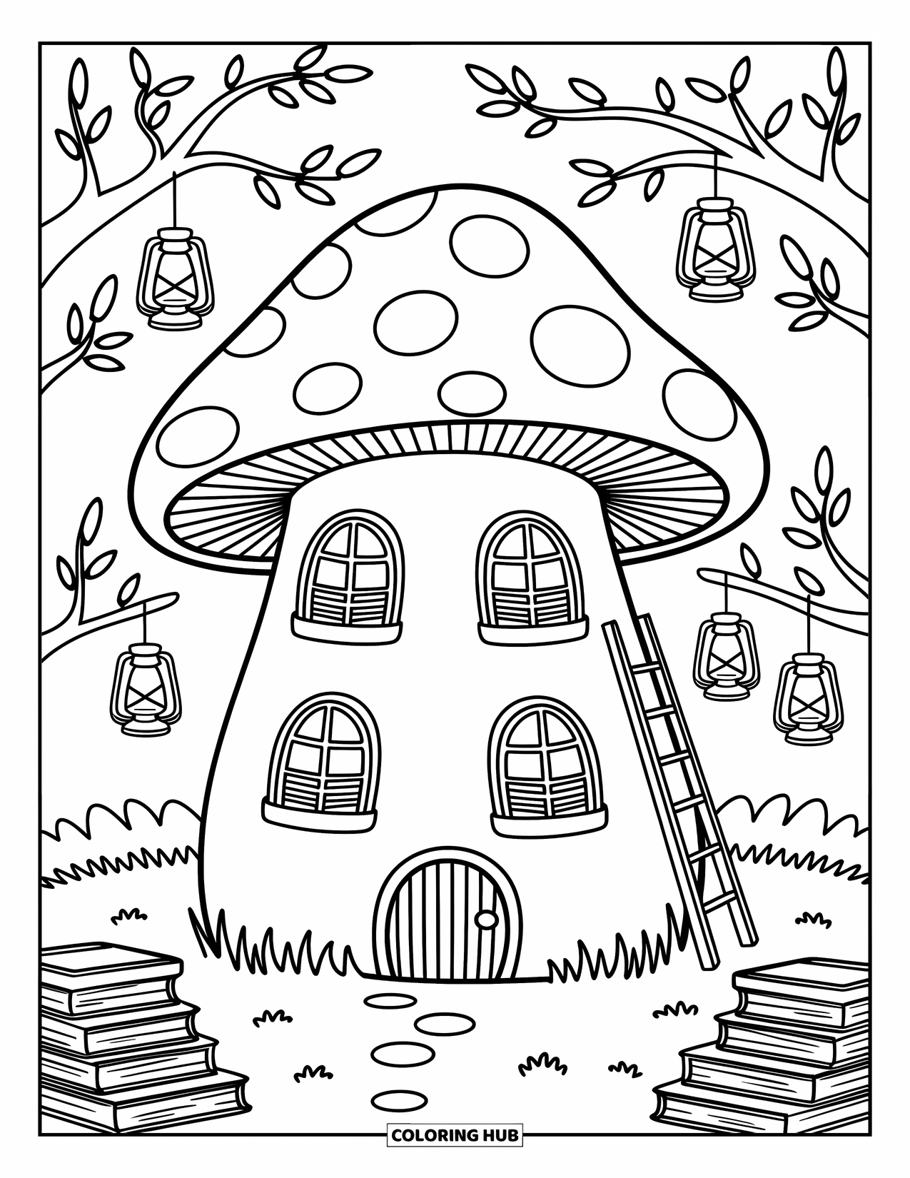 Mushroom Coloring Page for Adults: A mushroom house with books, a ladder, and a library sign