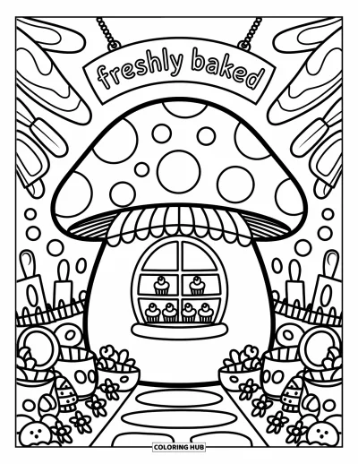 Mushroom Coloring Page for Adults: A mushroom house with cupcakes in the window and a bakery sign