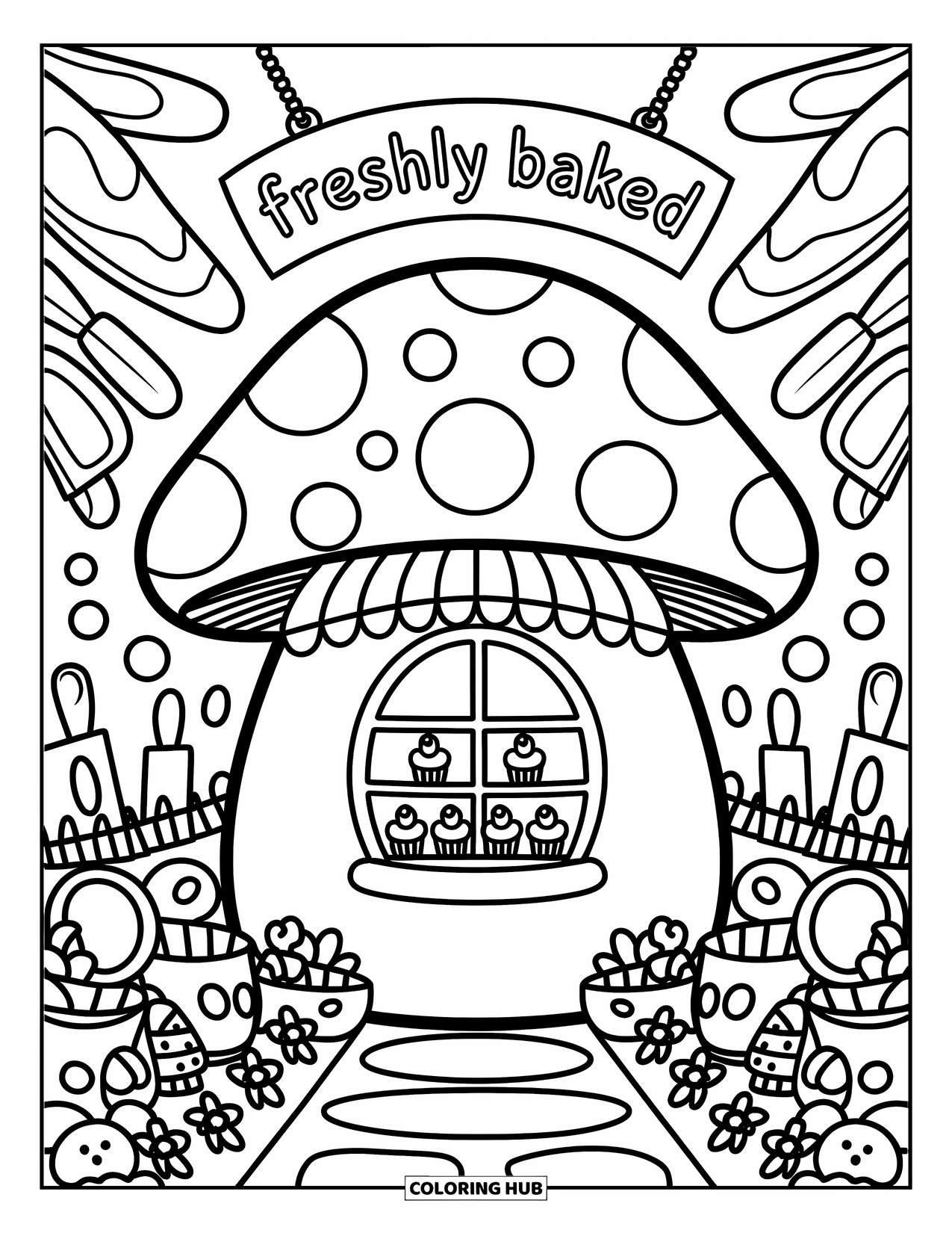 Mushroom Coloring Page for Adults: A mushroom house with cupcakes in the window and a bakery sign