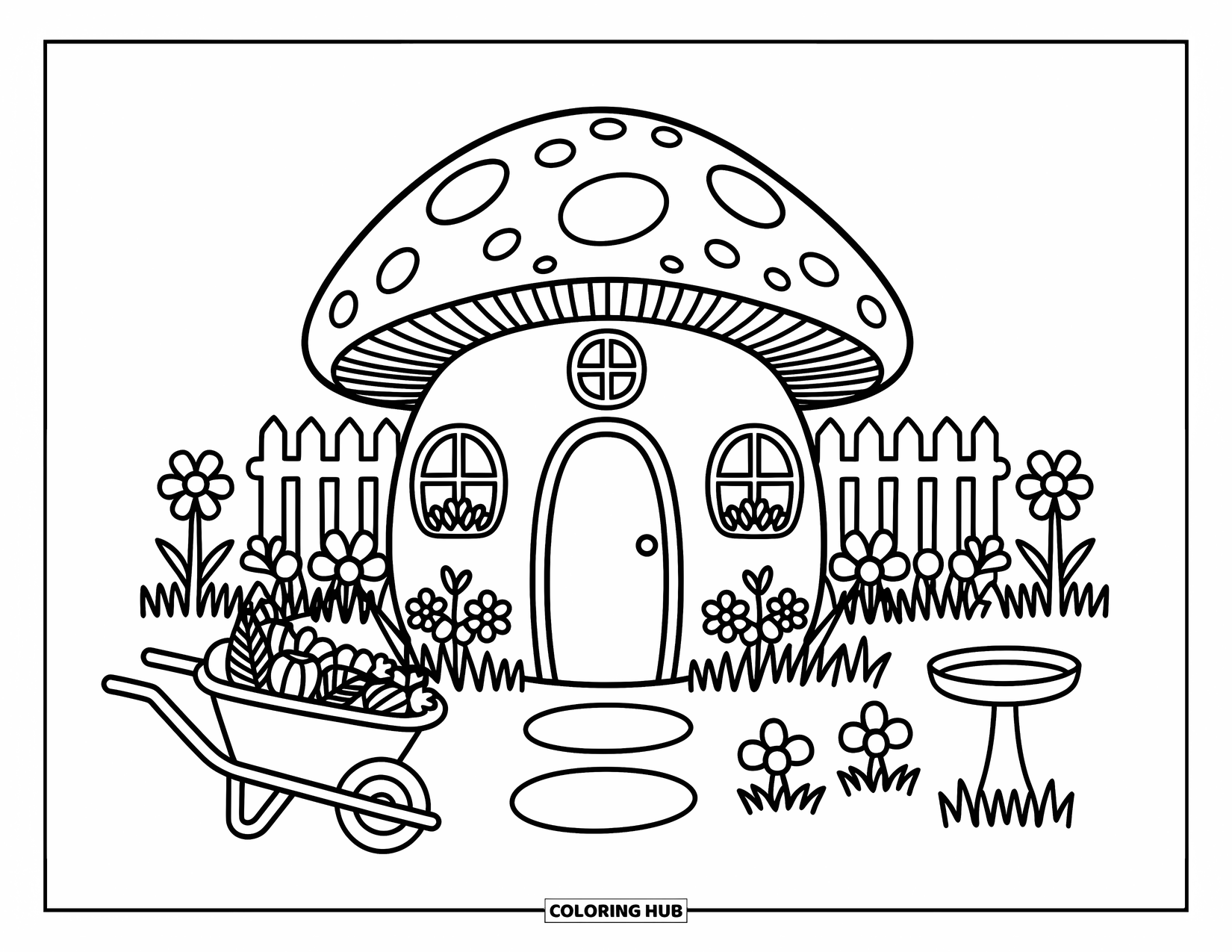 Mushroom Coloring Page for Adults: A mushroom house with flower beds, a birdbath, and a wheelbarrow of vegetables
