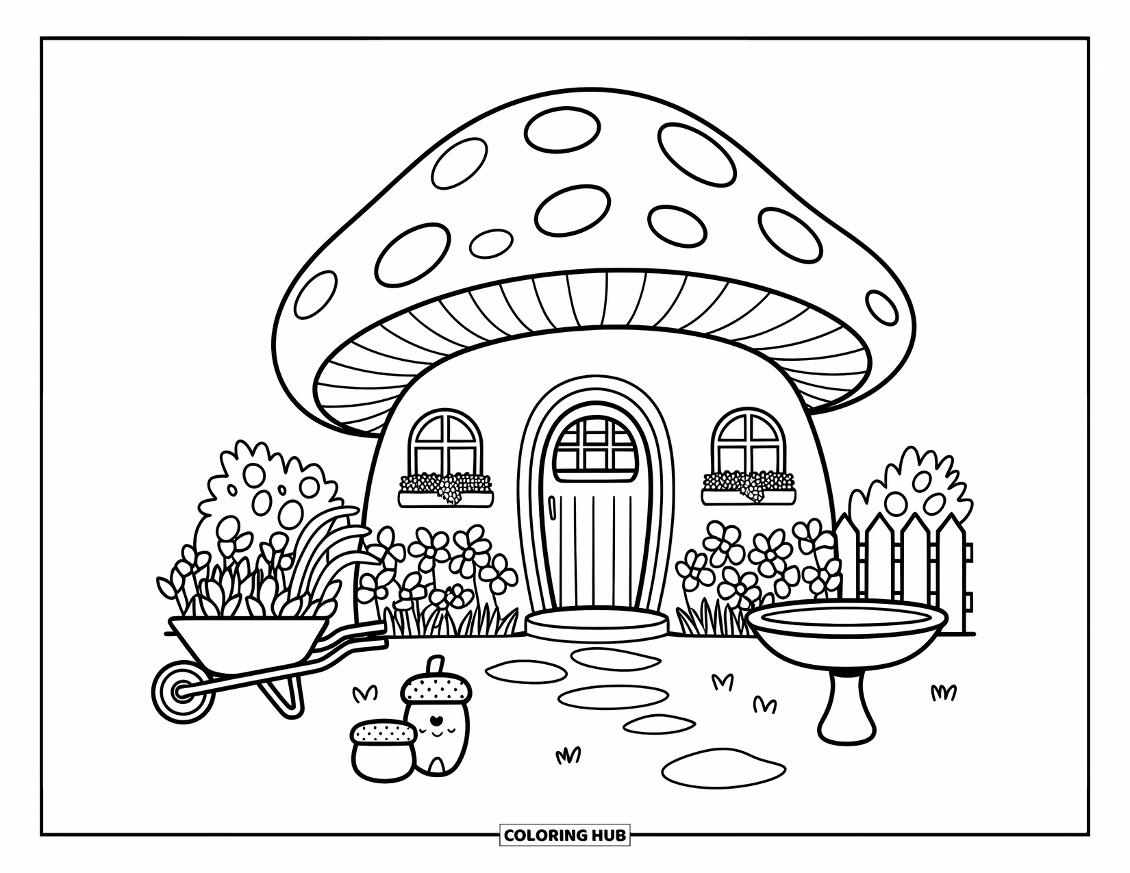 Mushroom Coloring Page for Adults: A mushroom house with flower beds, a birdbath, and an acorn-shaped mailbox
