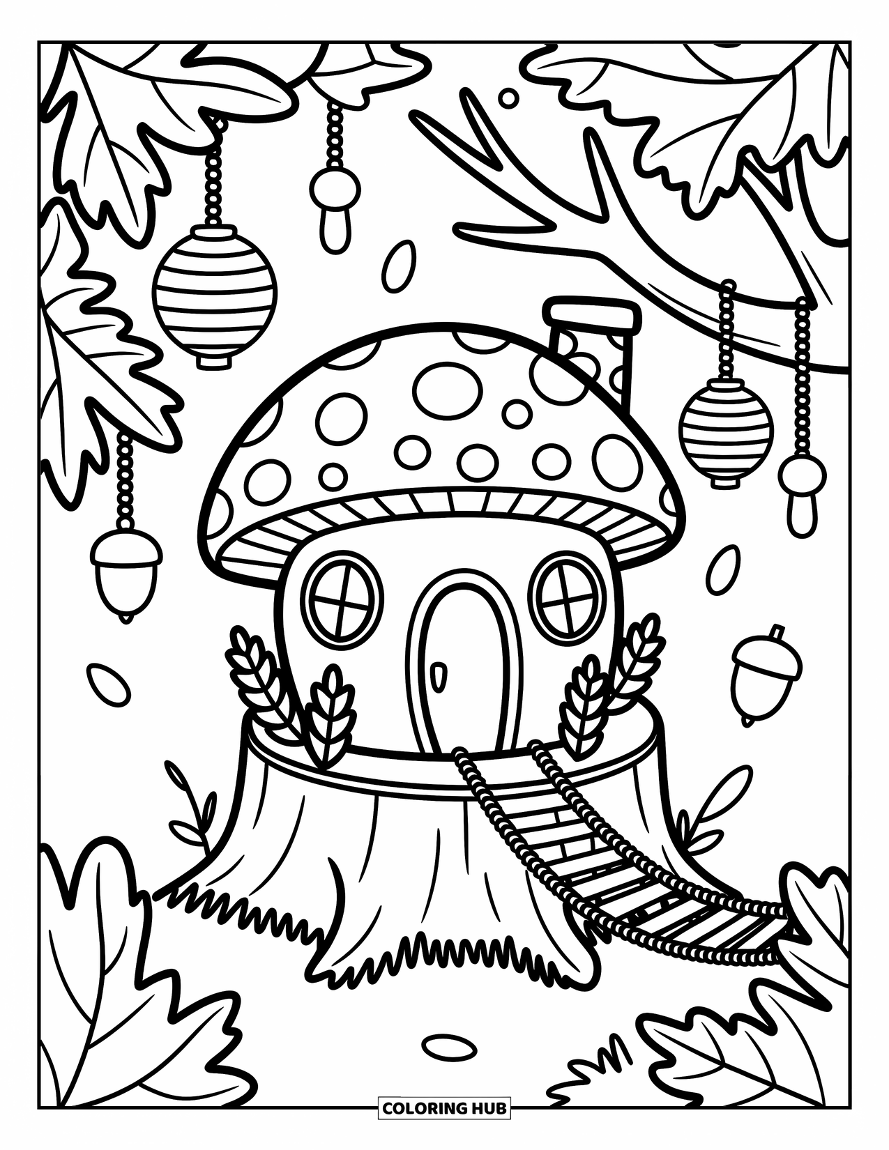 Mushroom Coloring Page for Adults: A mushroom house with hanging lanterns, acorns, and a rope bridge