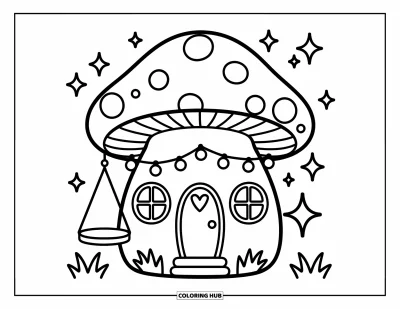 Mushroom Coloring Page for Adults: A mushroom house with heart windows, a porch swing, and twinkling lights
