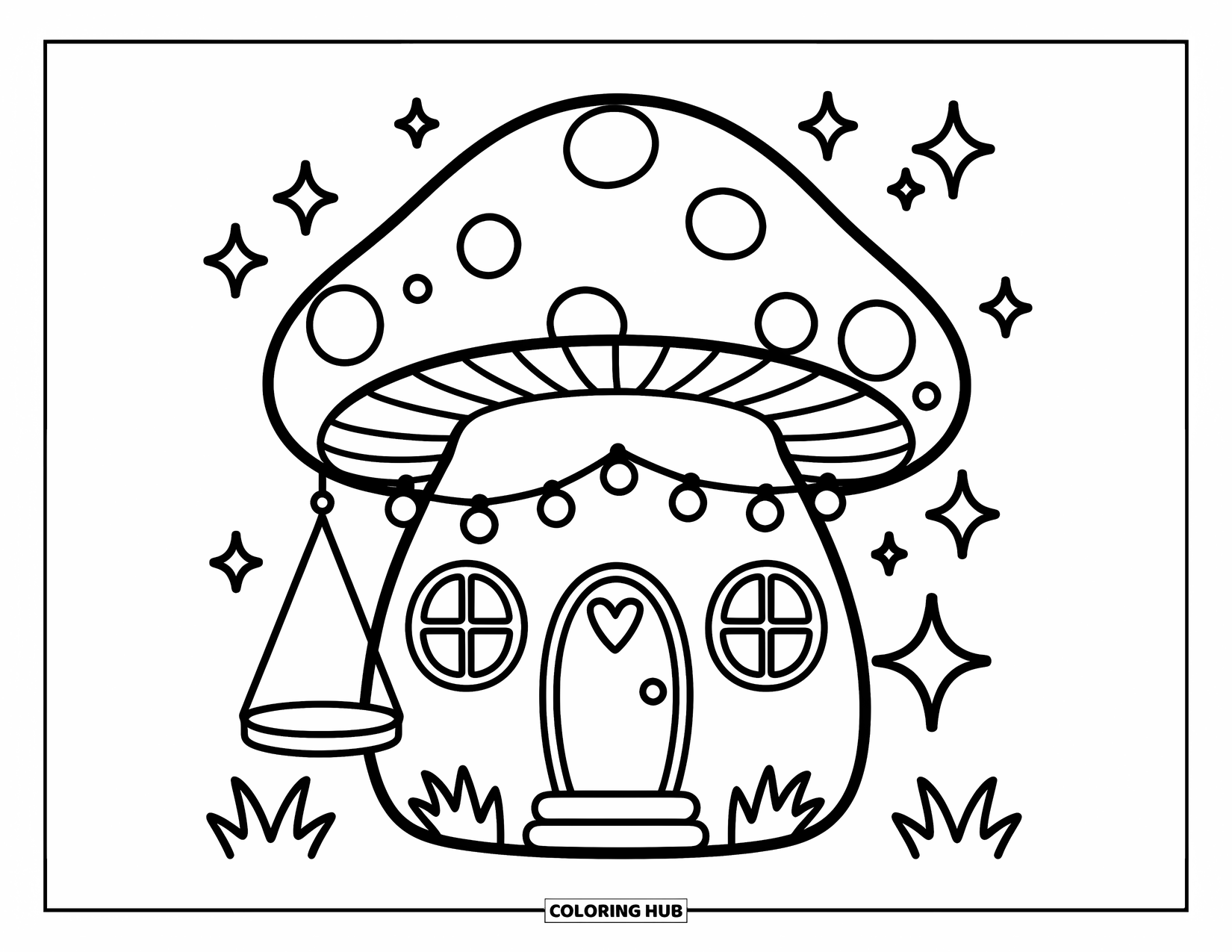 Mushroom Coloring Page for Adults: A mushroom house with heart windows, a porch swing, and twinkling lights