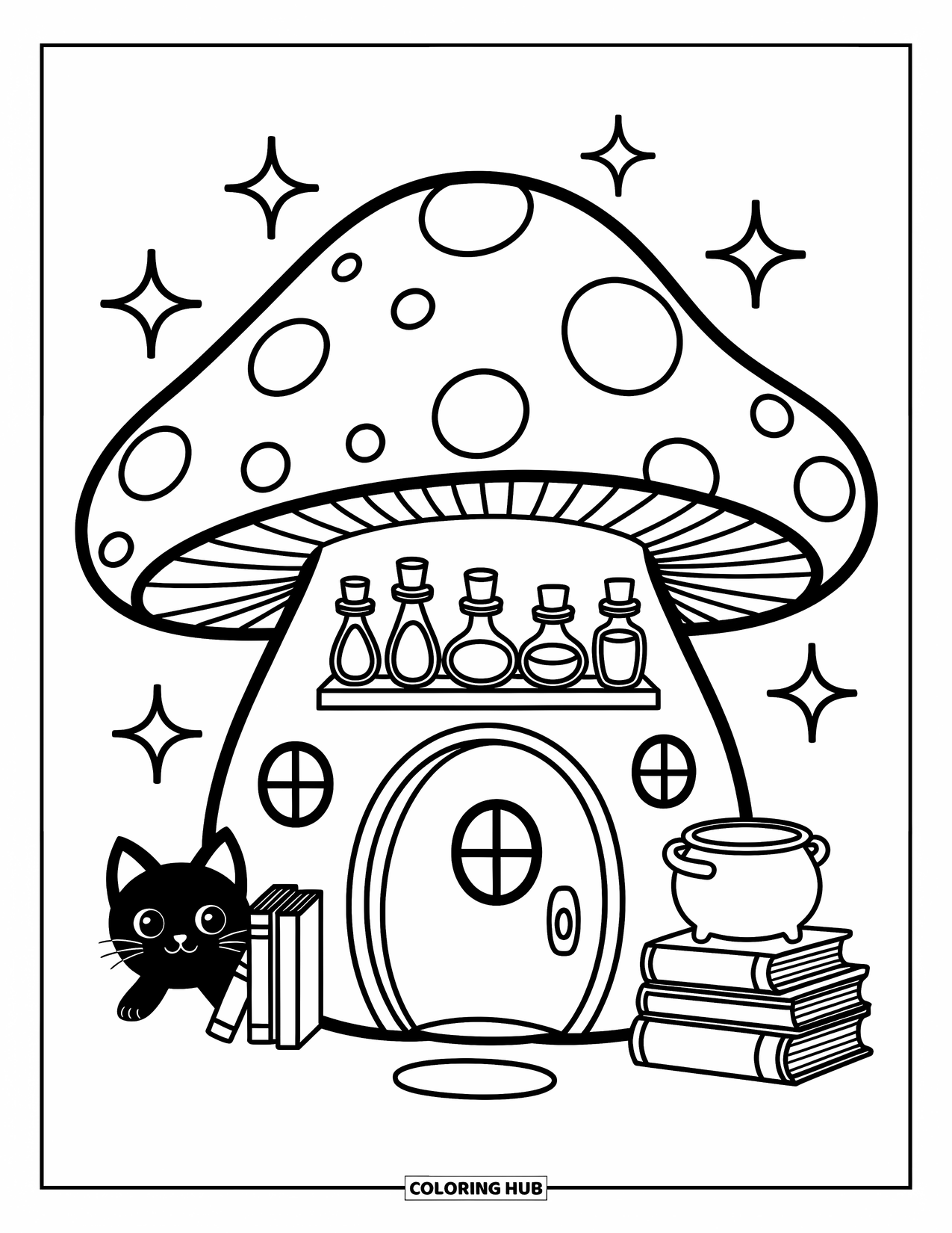 Mushroom Coloring Page for Adults: A mushroom house with potion bottles, a black cat, and a magic sign