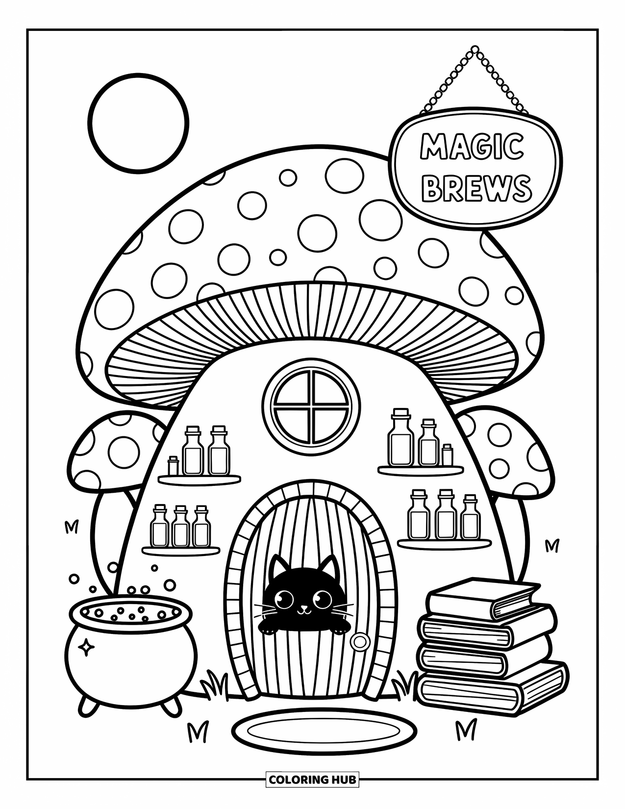 Mushroom Coloring Page for Adults: A mushroom house with potion bottles, a cauldron, and a magic sign