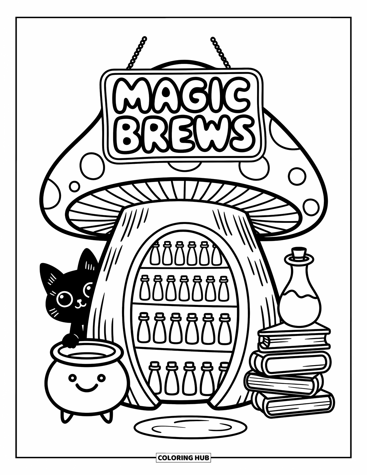 Mushroom Coloring Page for Adults: A mushroom house with potion shelves, a cauldron, and a playful cat