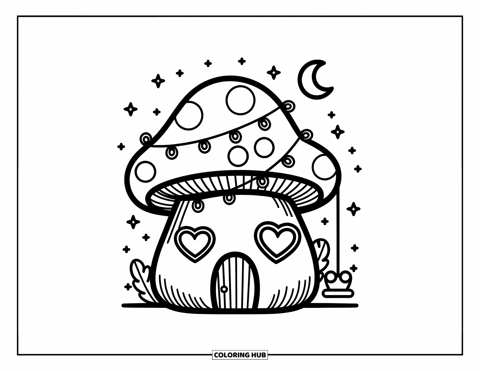 Mushroom Coloring Page for Adults: A mushroom house with string lights and stars sparkling around