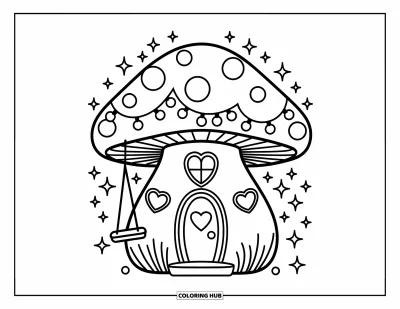 Mushroom Coloring Page for Adults: A mushroom house with string lights, heart windows, and a porch swing