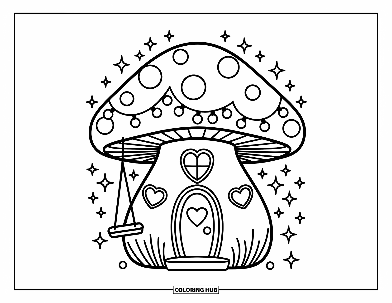 Mushroom Coloring Page for Adults: A mushroom house with string lights, heart windows, and a porch swing