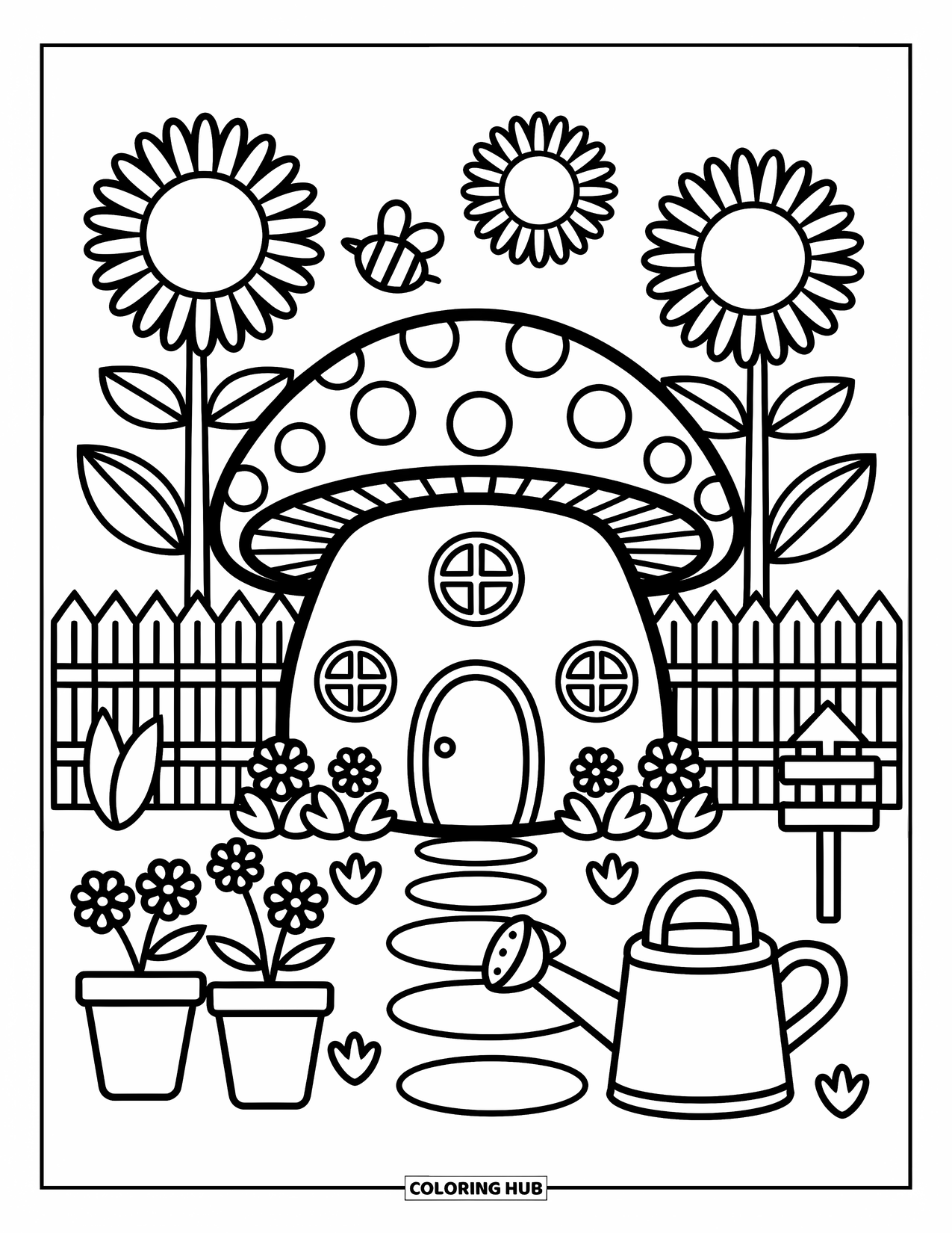 Mushroom Coloring Page for Adults: A mushroom house with sunflowers, a garden sign, and a watering can