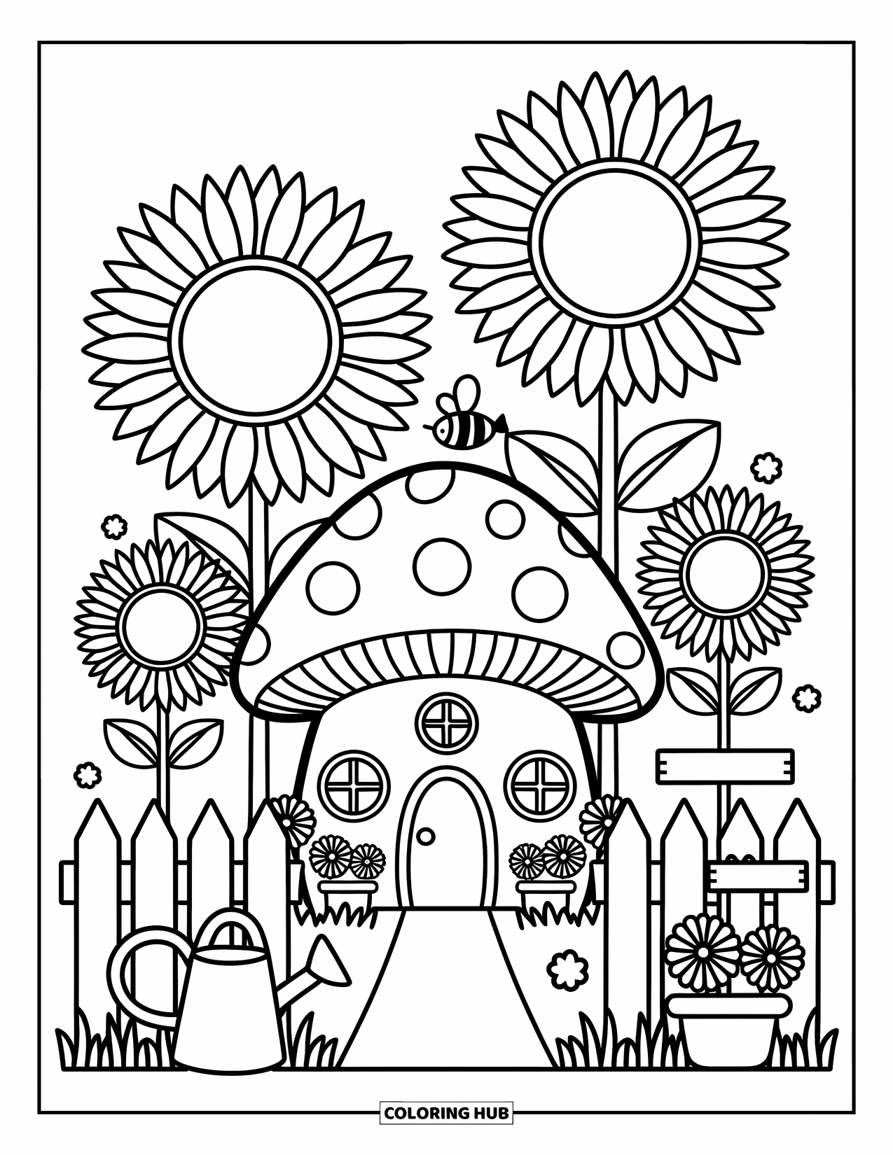 Mushroom Coloring Page for Adults: A mushroom house with sunflowers, a picket fence, and a buzzing bee