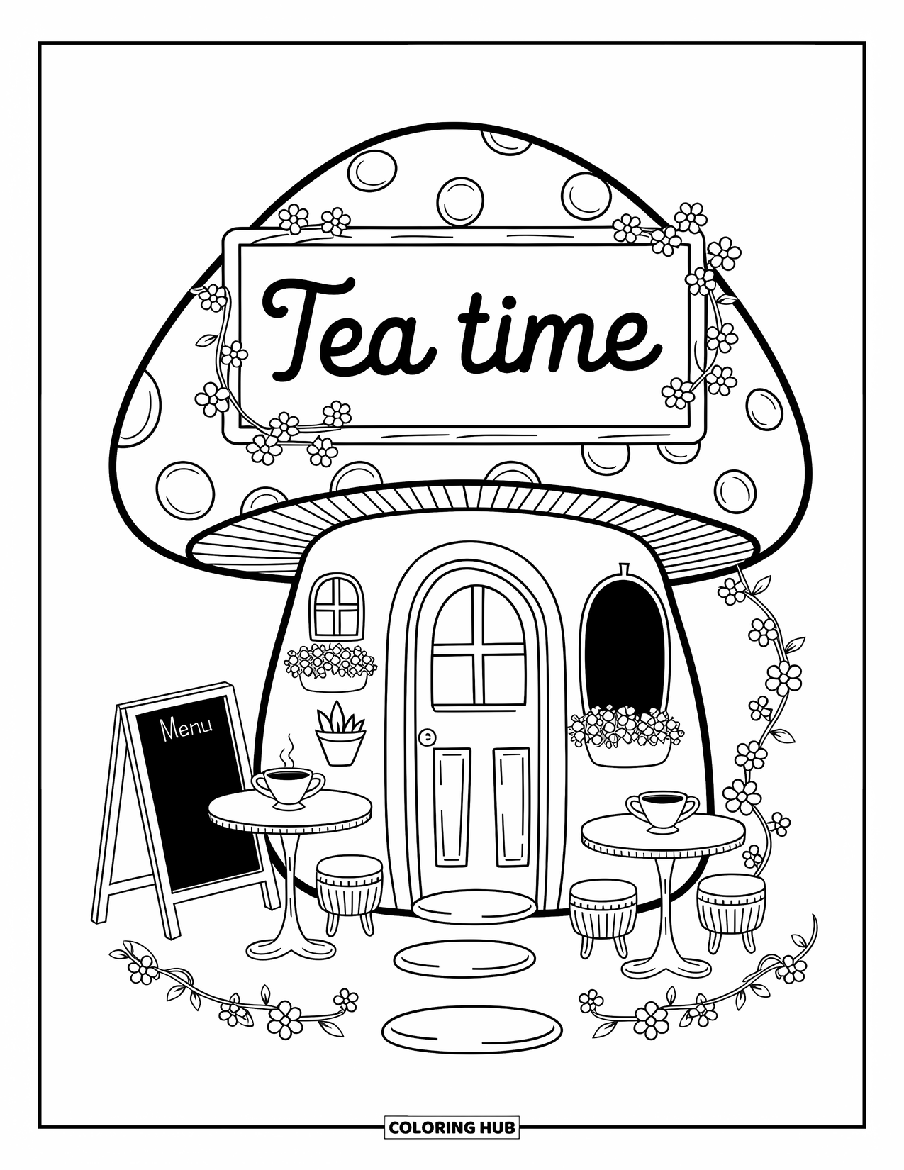 Mushroom Coloring Page for Adults: A mushroom house with teacups, vines, and a "Tea Time" sign
