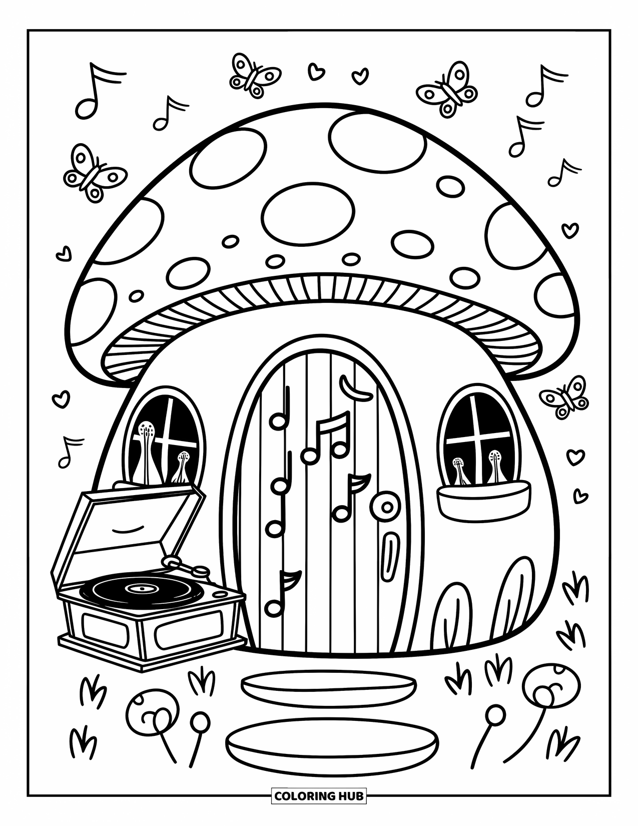 Mushroom Coloring Page for Adults: A mushroom house with tiny instruments and birds fluttering nearby