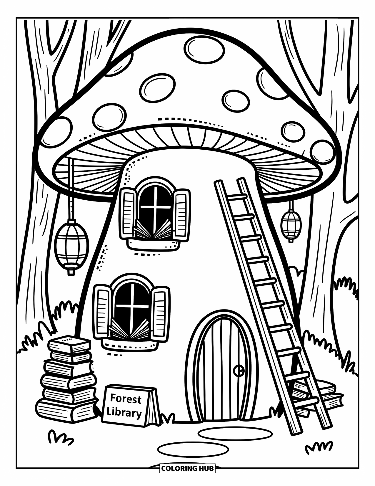 Mushroom Coloring Page for Adults: A mushroom library with stacks of books and hanging lanterns