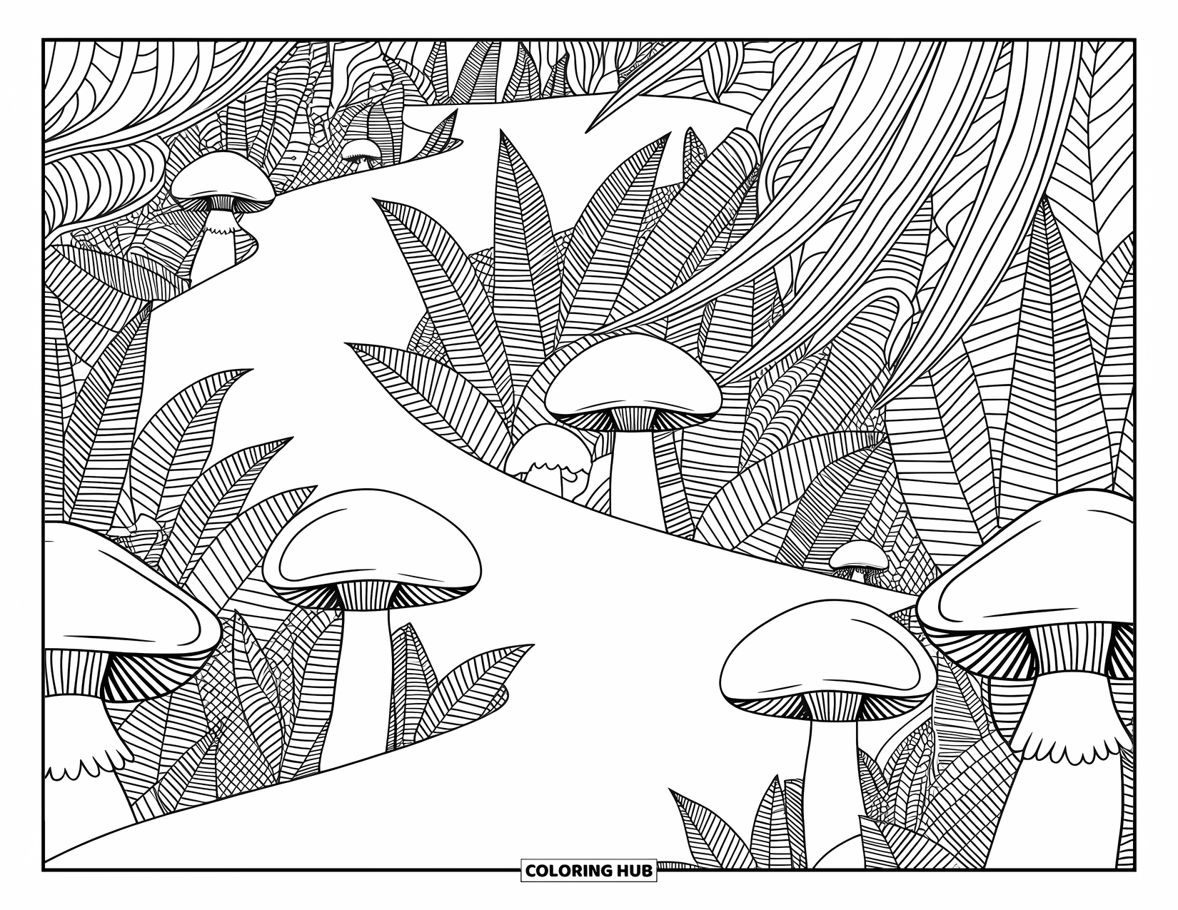 Mushroom Coloring Page for Adults: A mushroom path leads through a forest of intricate ferns