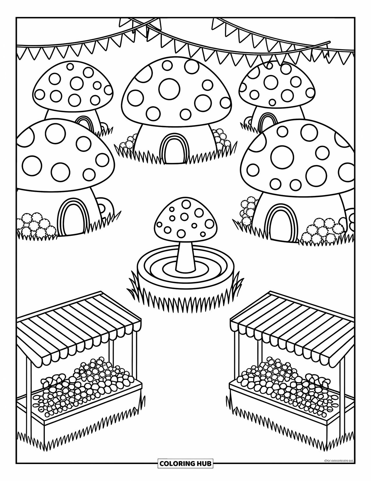 Mushroom Coloring Page for Adults: A Mushroom Village Square with houses, a fountain, and bunting flags