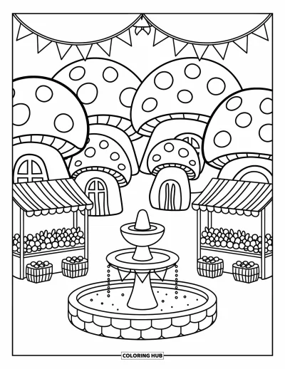 Mushroom Coloring Page for Adults: A Mushroom Village Square with houses, market stalls, and a tiny fountain