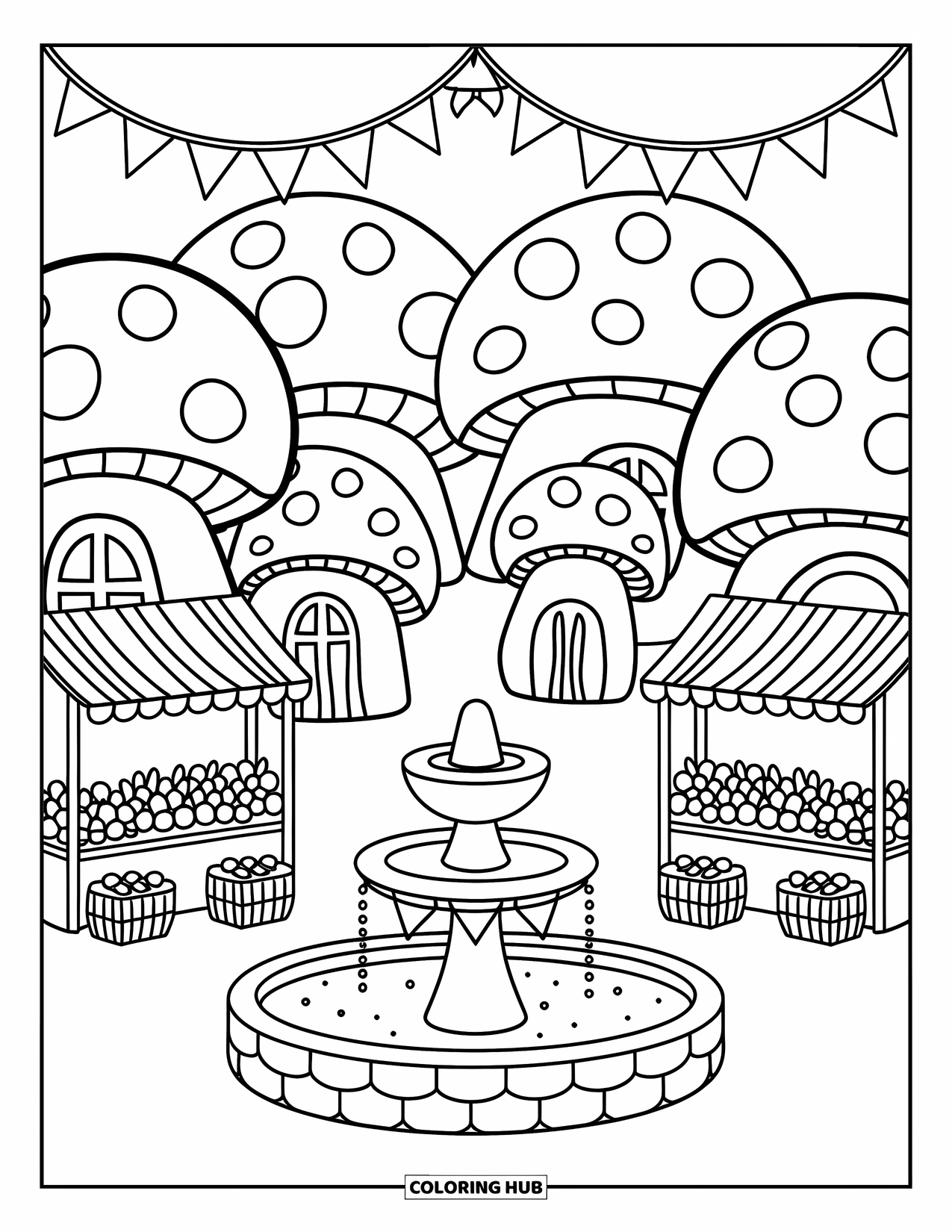 Mushroom Coloring Page for Adults: A Mushroom Village Square with houses, market stalls, and a tiny fountain