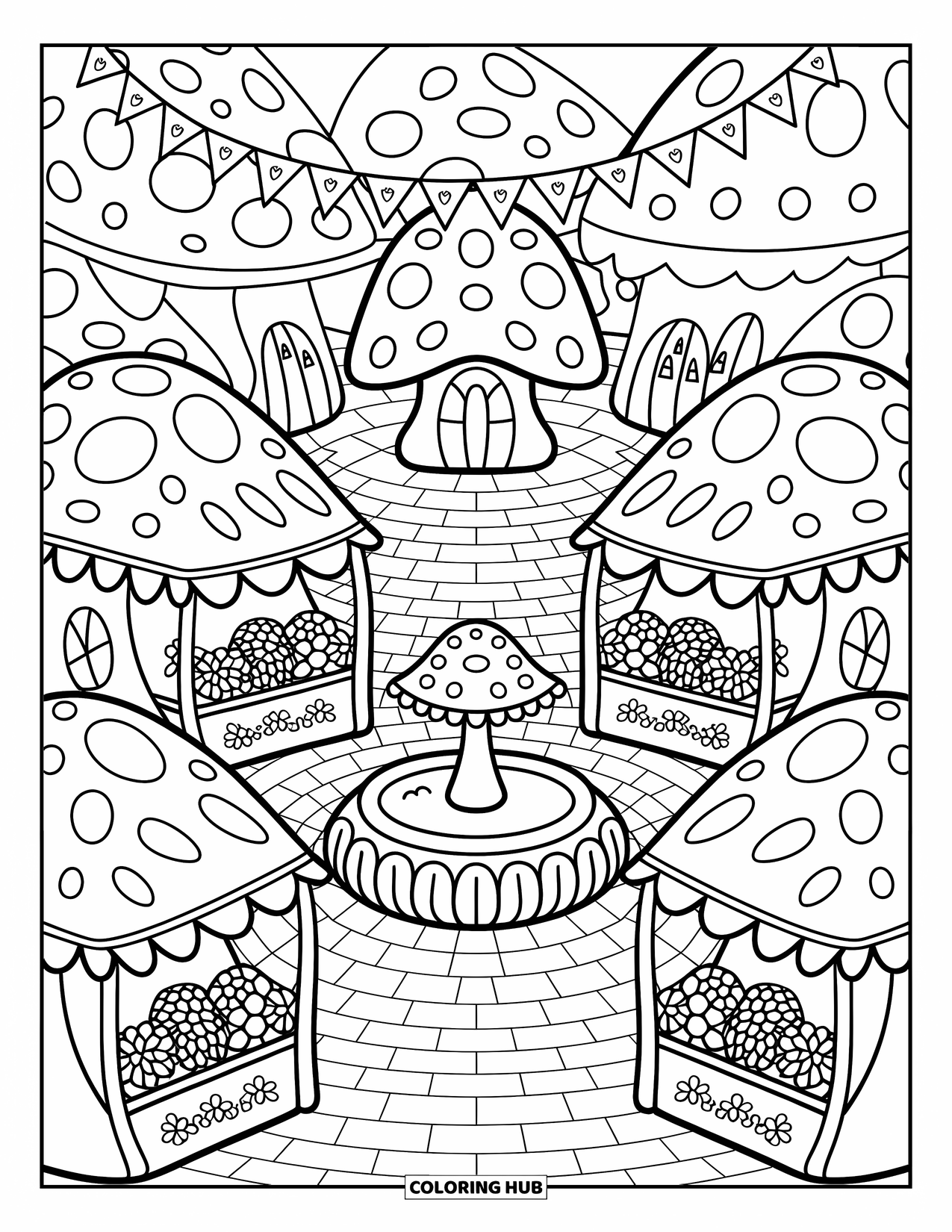 Mushroom Coloring Page for Adults: A mushroom village with a fountain, bunting flags, and market stalls