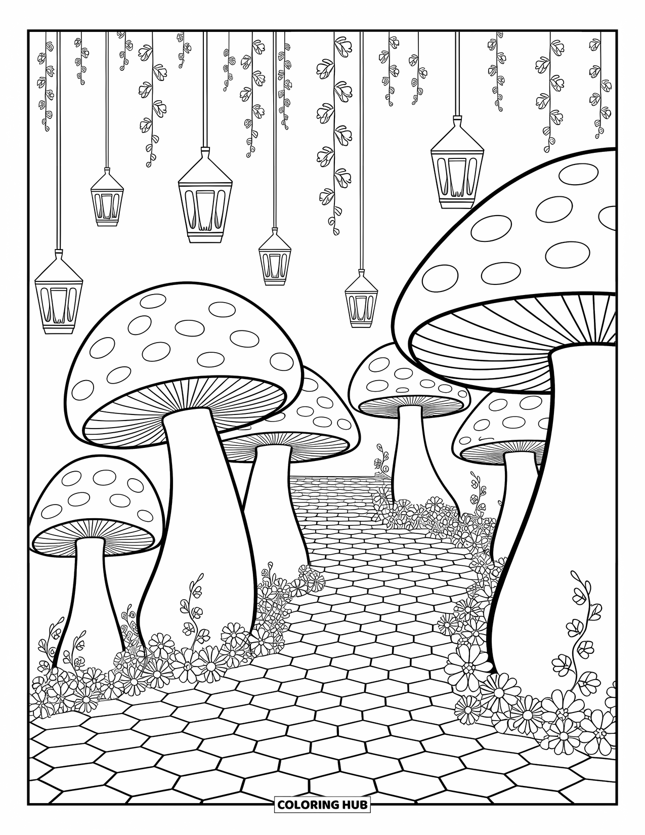 Mushroom Coloring Page for Adults: A mushroom village with lanterns and intricate cobblestone paths