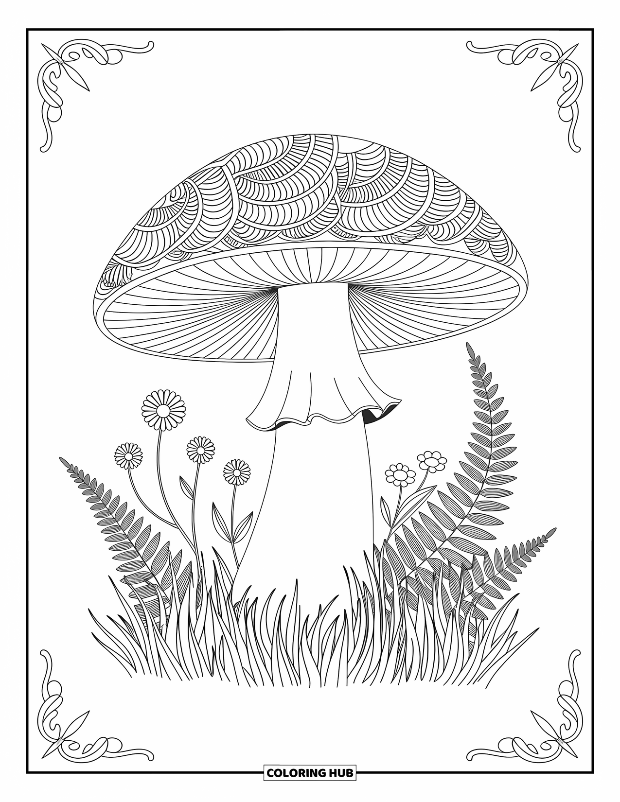Mushroom Coloring Page for Adults: A mushroom with mandala designs and intricate floral patterns