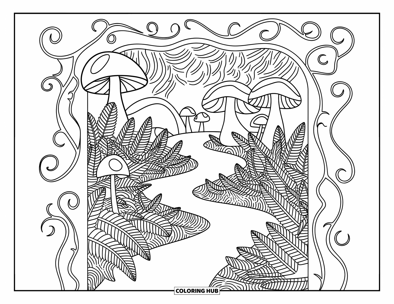Mushroom Coloring Page for Adults: A path of mushrooms winding through ferns with swirling vines