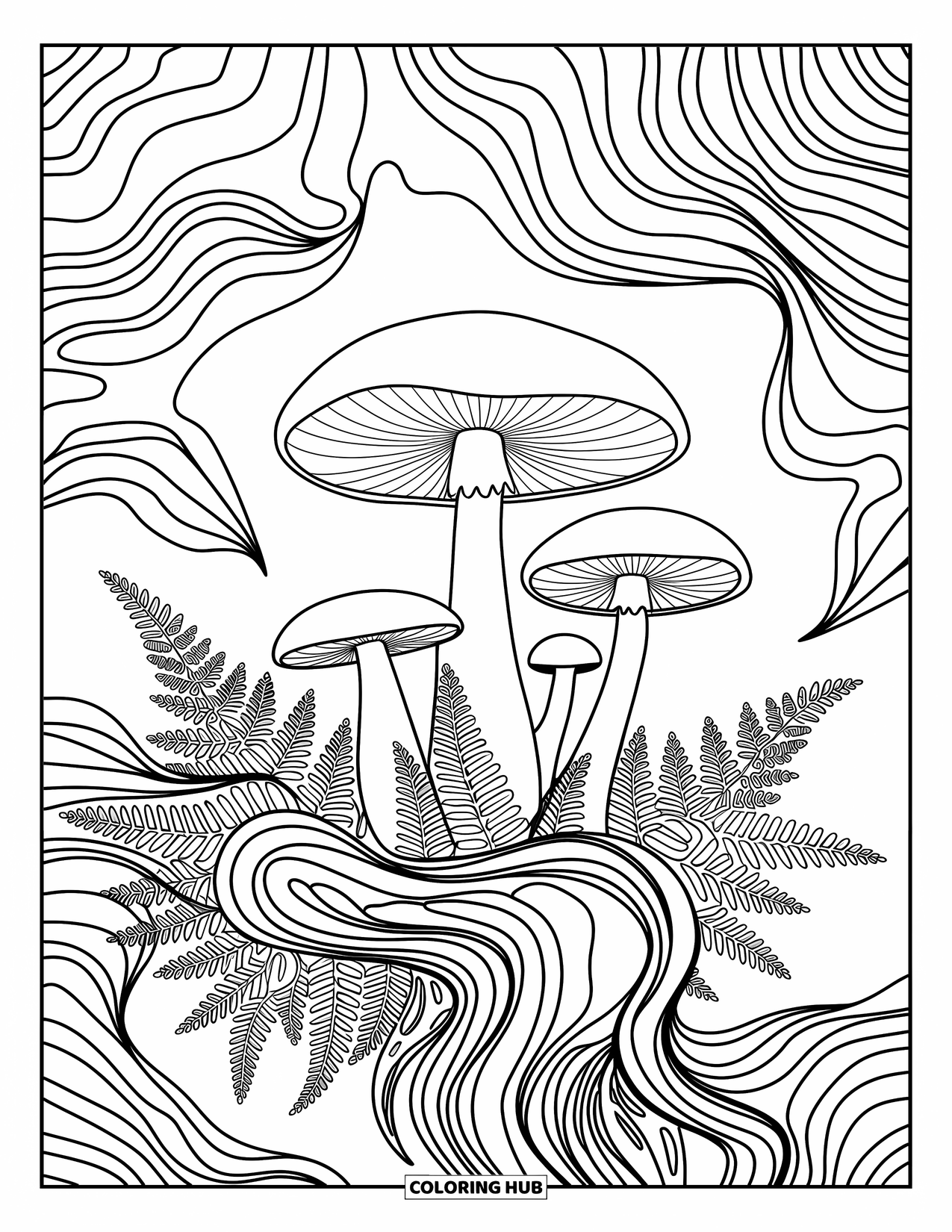 Mushroom Coloring Page for Adults: A peaceful mushroom grove with ferns and swirling patterns