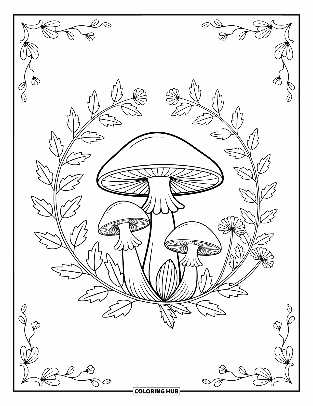 Mushroom Coloring Page for Adults: A ring of mushrooms with ivy and delicate flowers