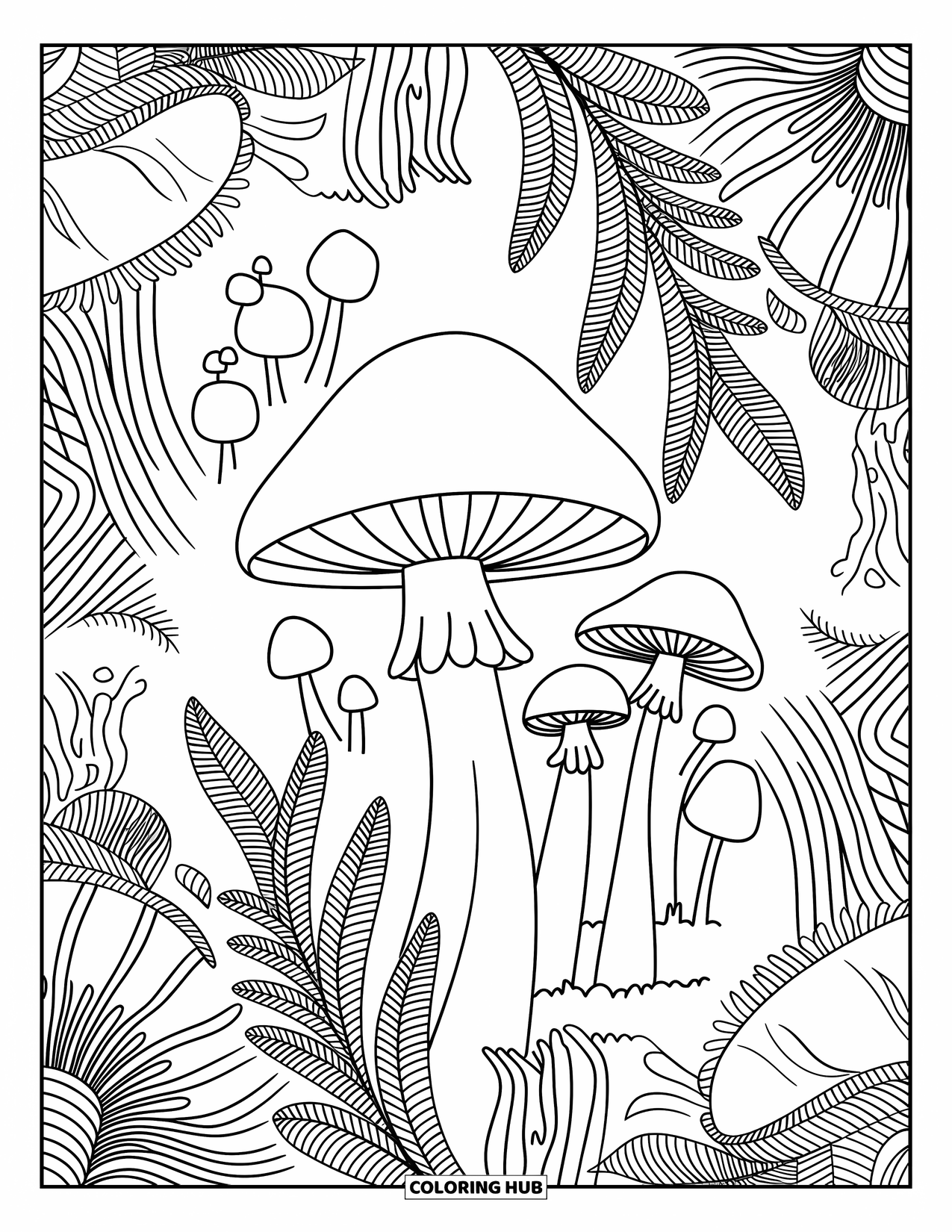 Mushroom Coloring Page for Adults: A serene mushroom grove with ferns and moss