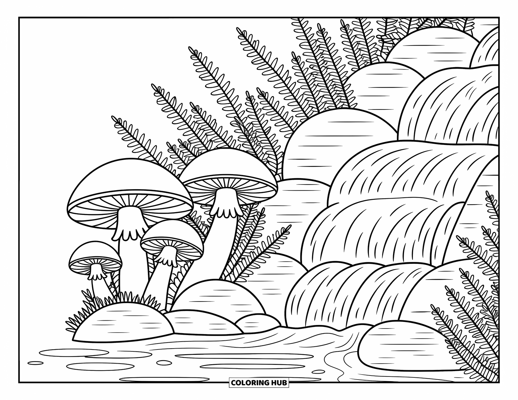 Mushroom Coloring Page for Adults: A serene waterfall with mushrooms and intricate patterns