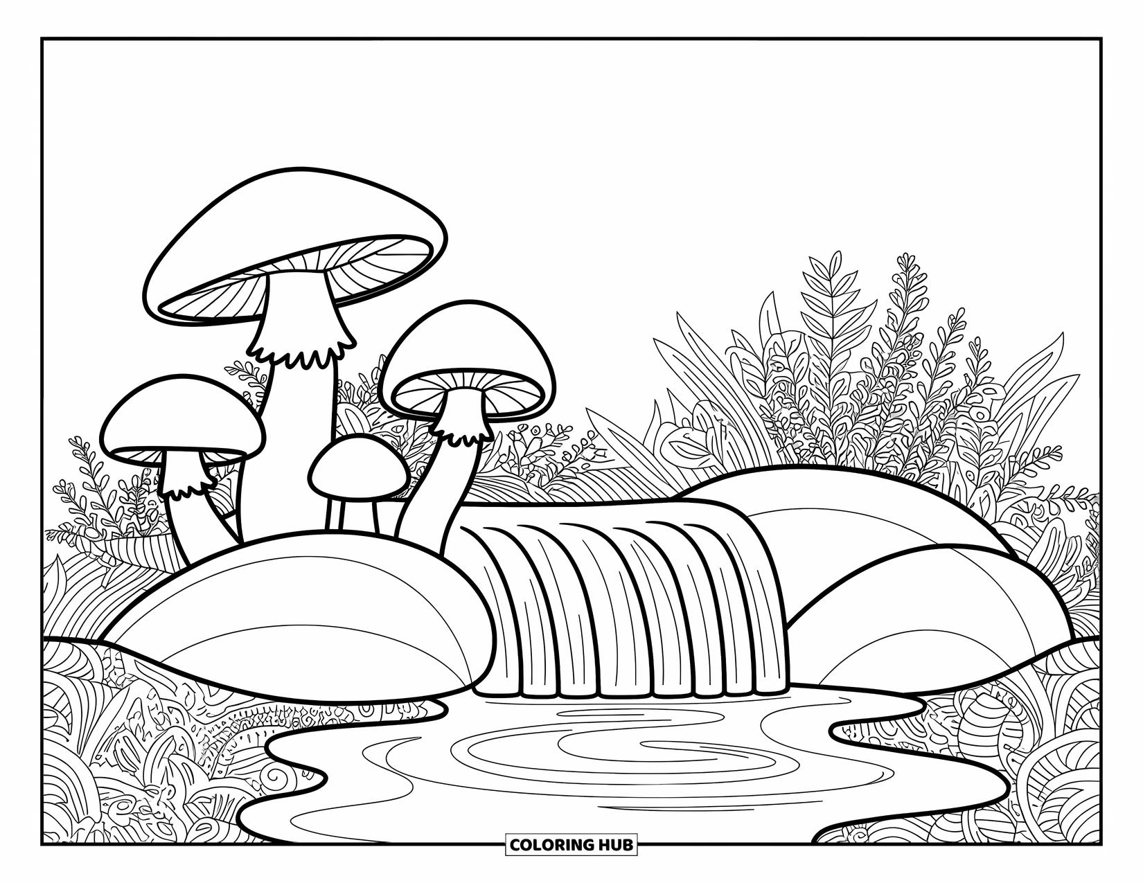 Mushroom Coloring Page for Adults: A waterfall with mushrooms and delicate plant patterns