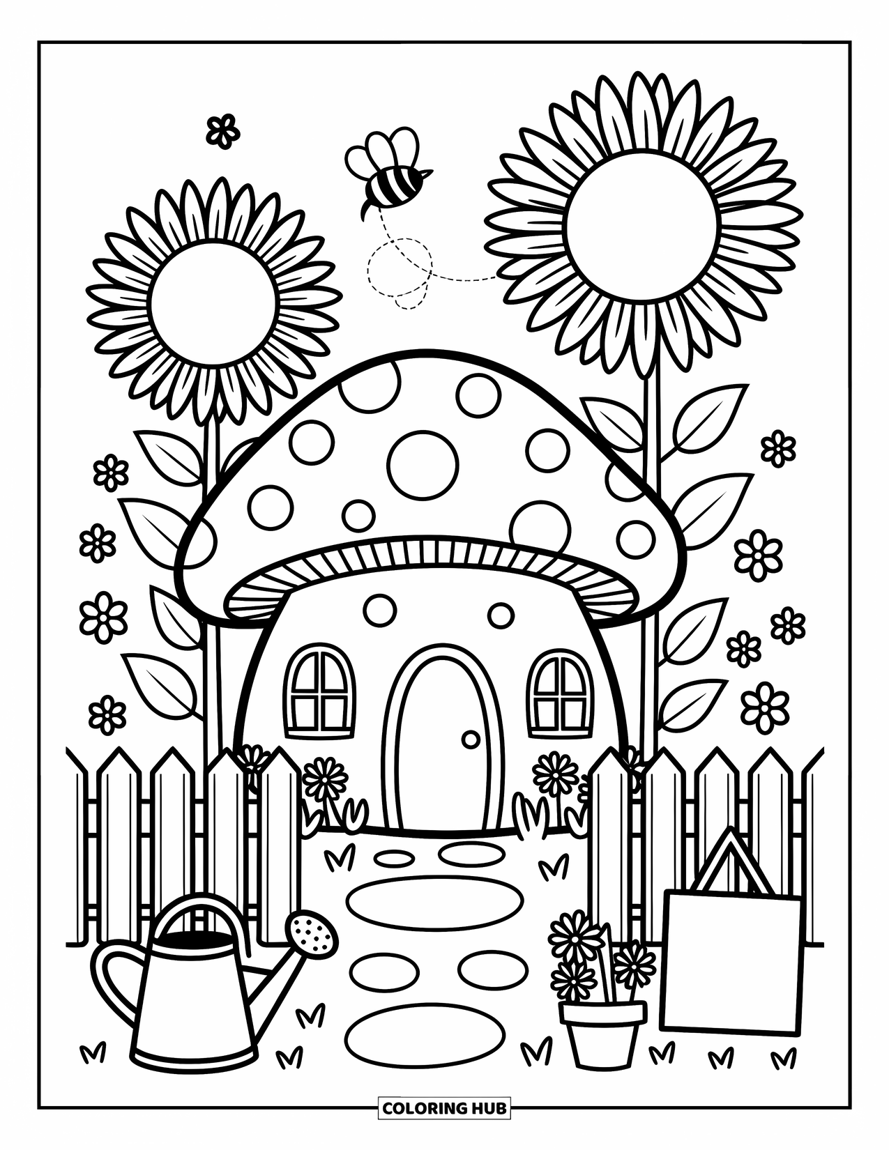 Mushroom Coloring Page for Adults: A whimsical mushroom house surrounded by sunflowers and buzzing bees