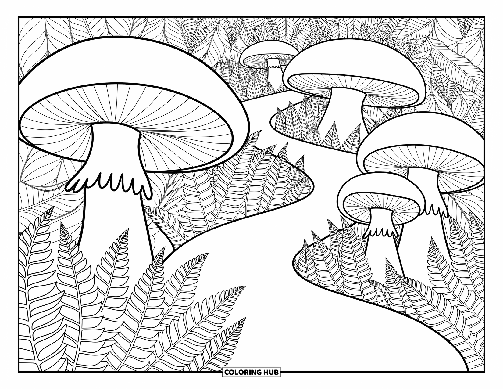 Mushroom Coloring Page for Adults: A winding mushroom path through a forest of ferns