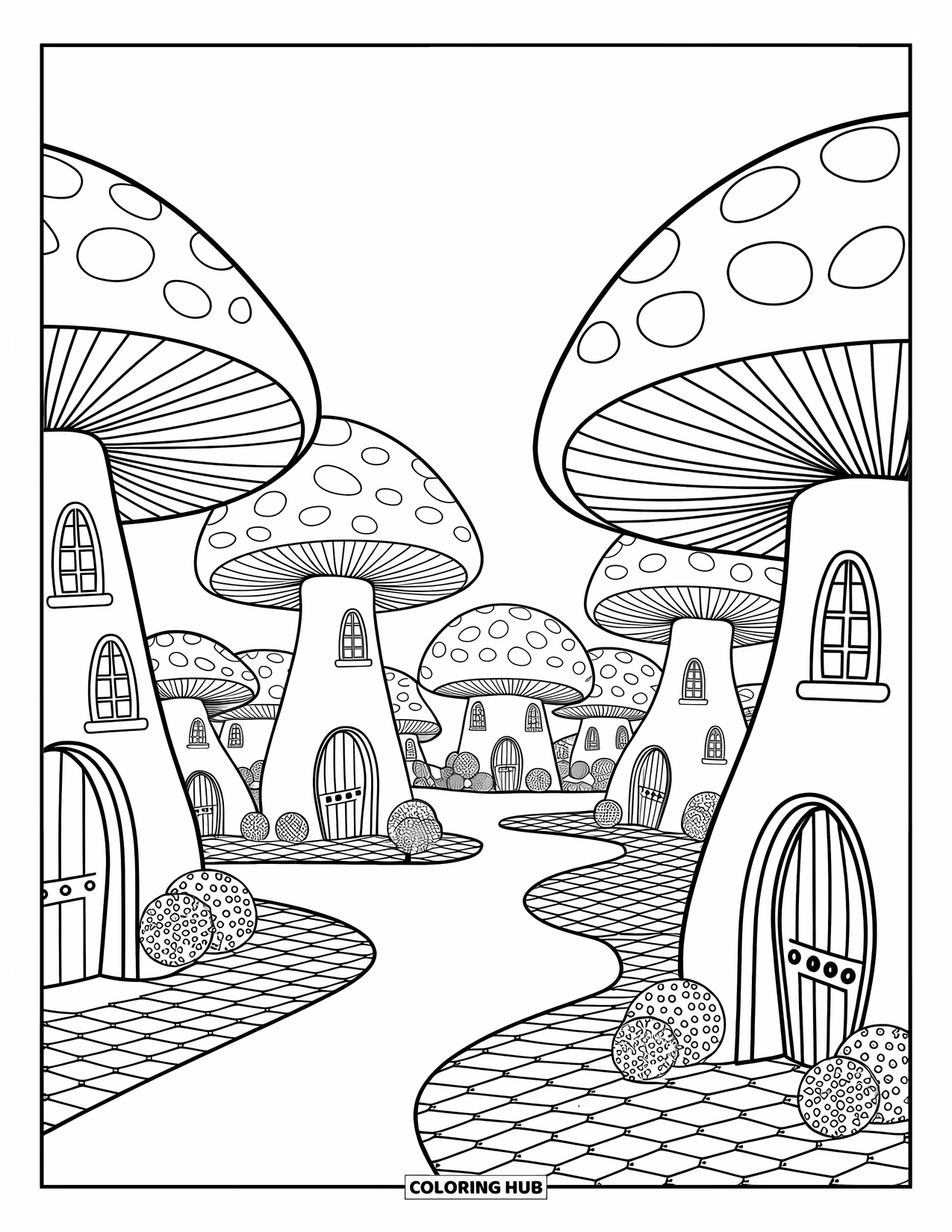 Mushroom Coloring Page for Adults: An enchanted mushroom village with cobblestone paths and glowing lanterns