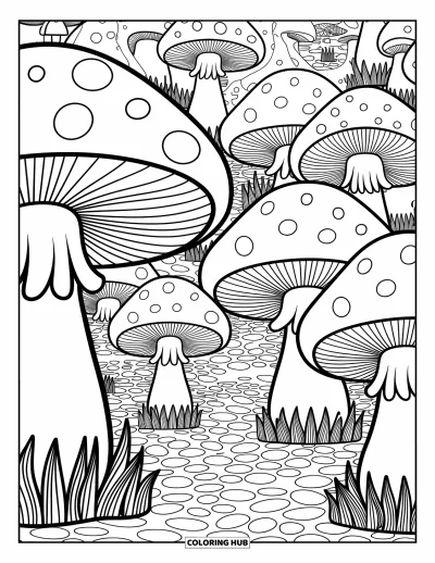 Mushroom Coloring Page for Adults: An enchanted mushroom village with cobblestone paths and lanterns