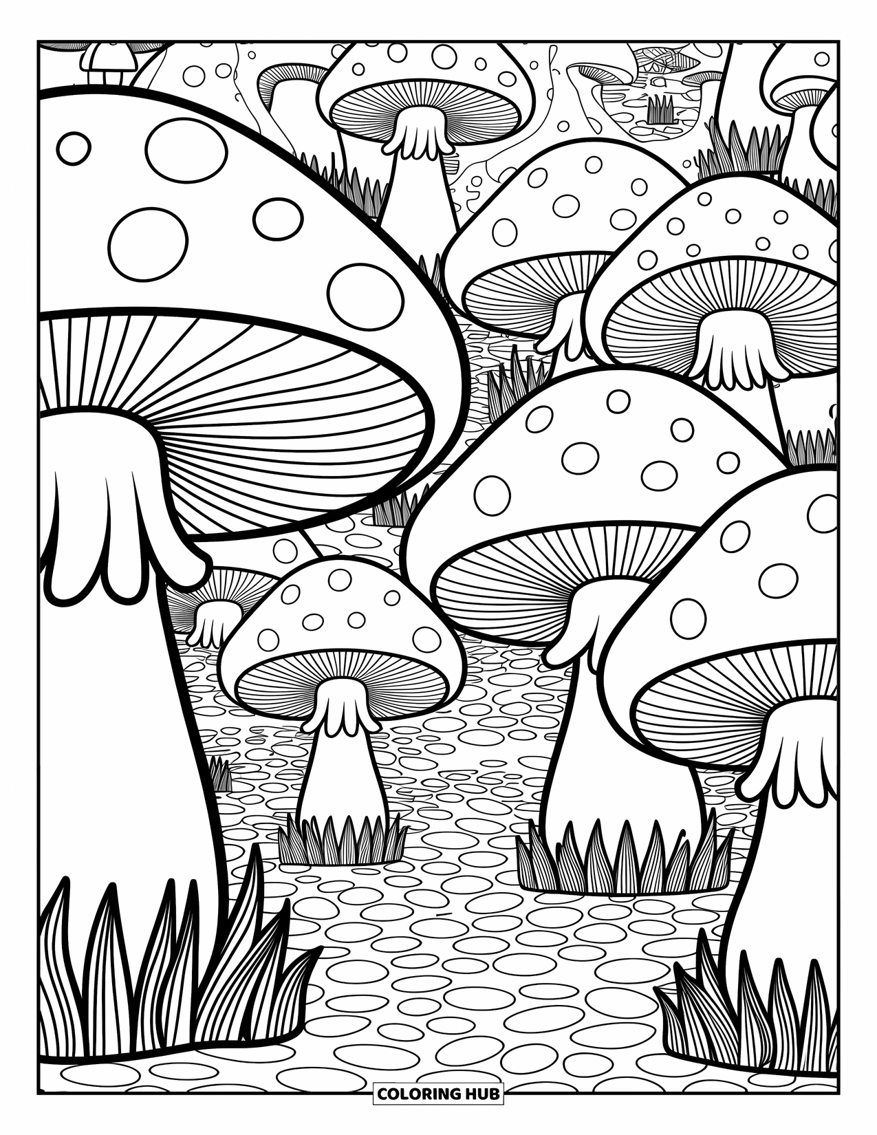 Mushroom Coloring Page for Adults: An enchanted mushroom village with cobblestone paths and lanterns