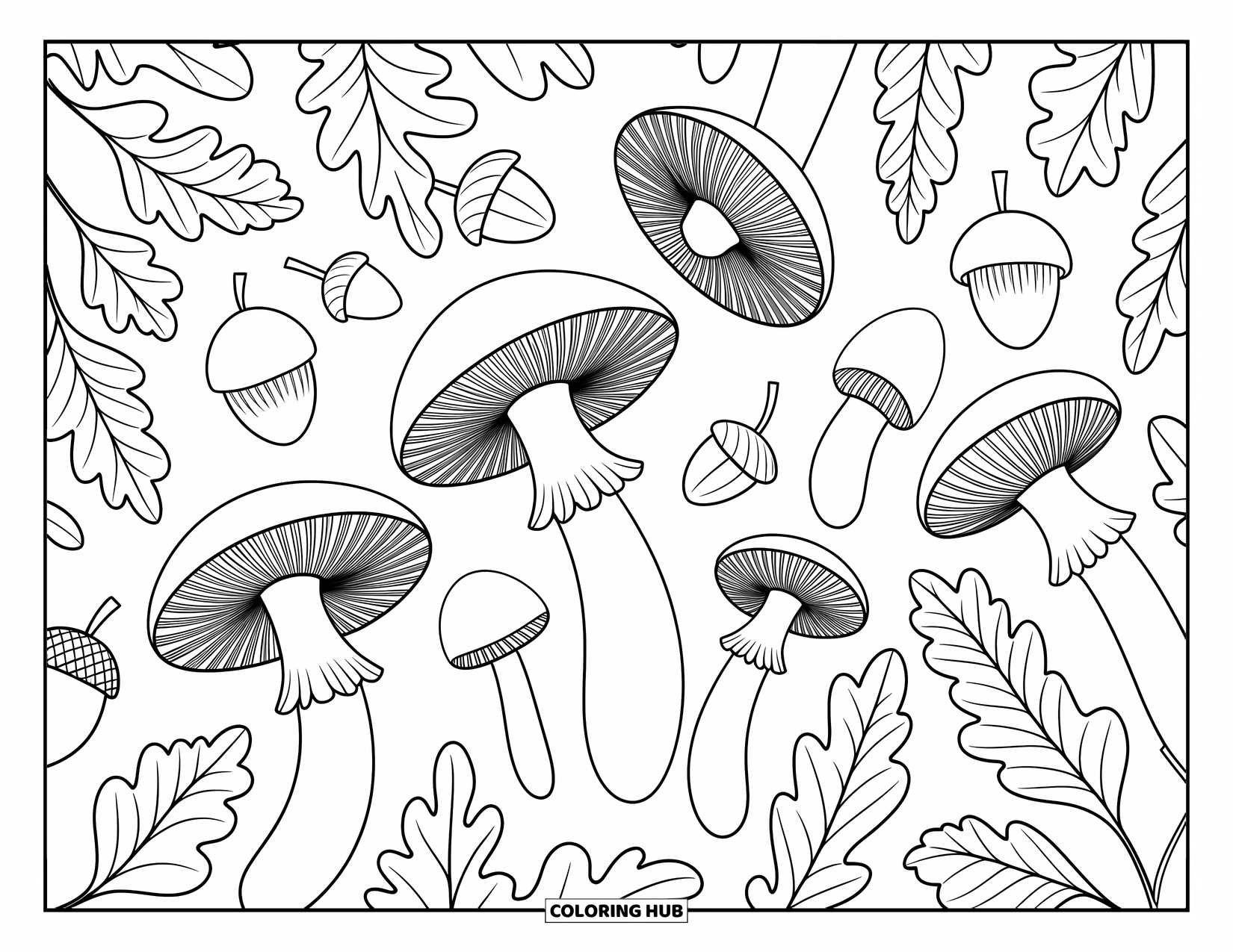 Mushroom Coloring Page for Adults: Delicate mushrooms with leaves, berries, and acorns in a detailed scene