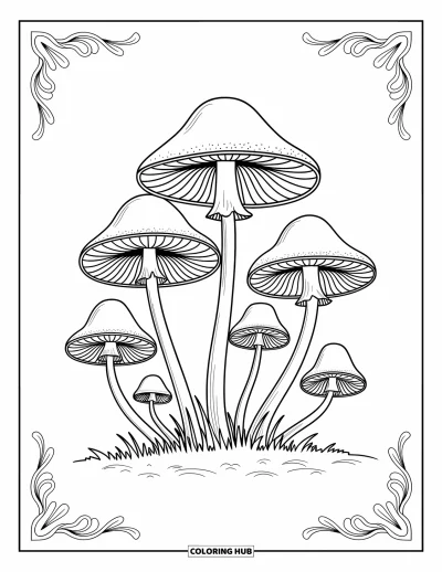 Mushroom Coloring Page for Adults: Delicate mushrooms with petal-like patterns