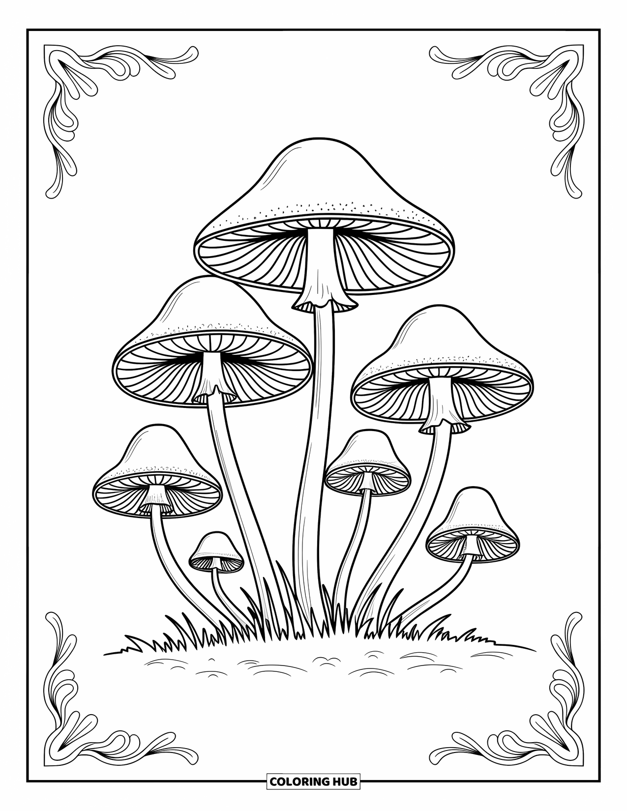 Mushroom Coloring Page for Adults: Delicate mushrooms with petal-like patterns