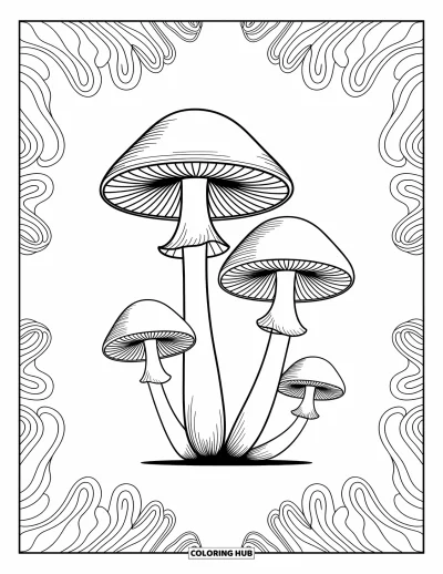 Mushroom Coloring Page for Adults: Elegant mushrooms with petal-like patterns and swirling details