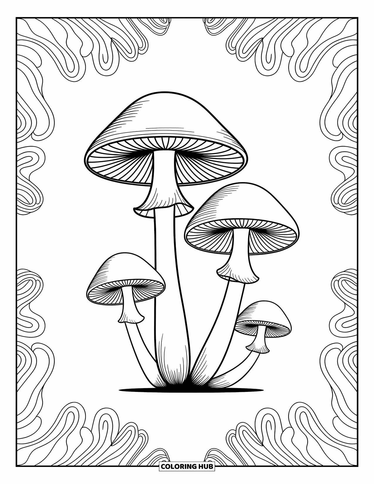 Mushroom Coloring Page for Adults: Elegant mushrooms with petal-like patterns and swirling details