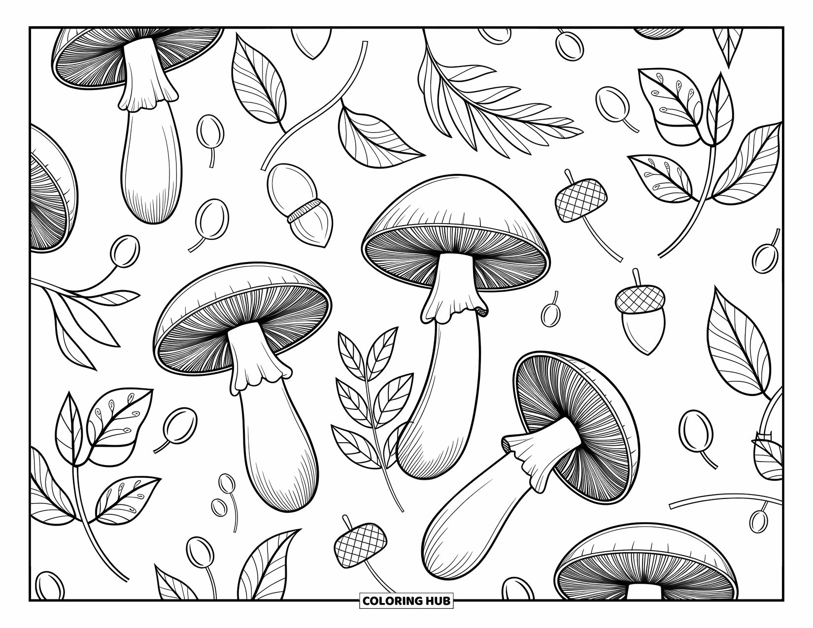 Mushroom Coloring Page for Adults: Intricate mushrooms with leaves, berries, and acorns